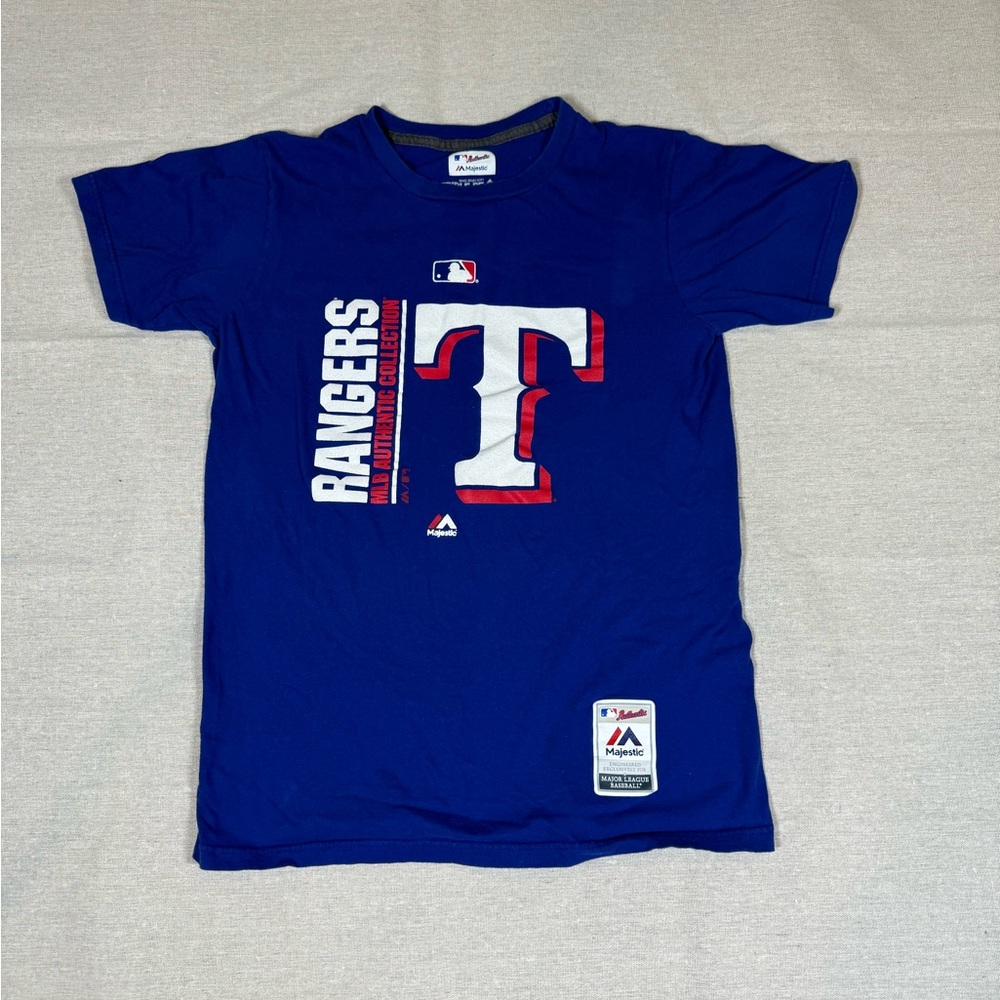 Majestic TEXAS RANGERS Spellout Graphic T -shirt - Blue Graphic Tee SM
